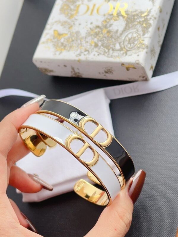 C D Gold Finish Metal Black White Lacquer Bangle - Image 2