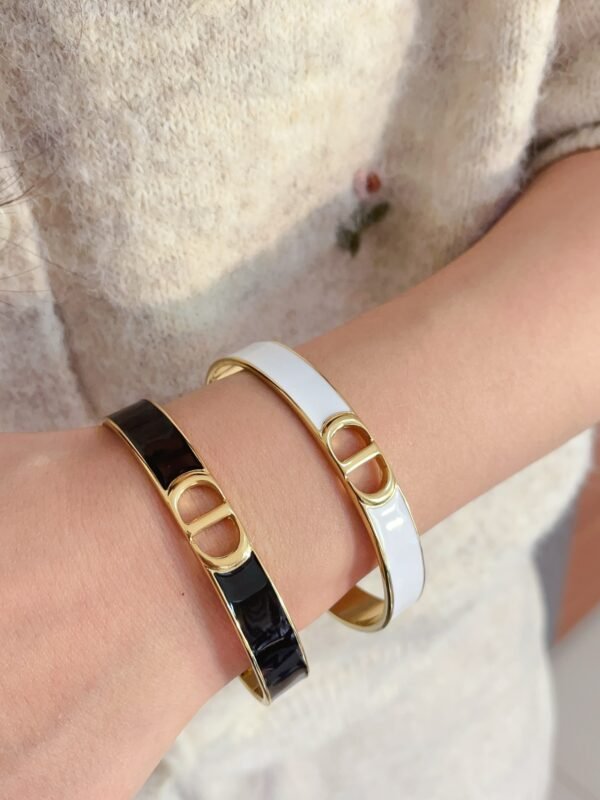 C D Gold Finish Metal Black White Lacquer Bangle - Image 6