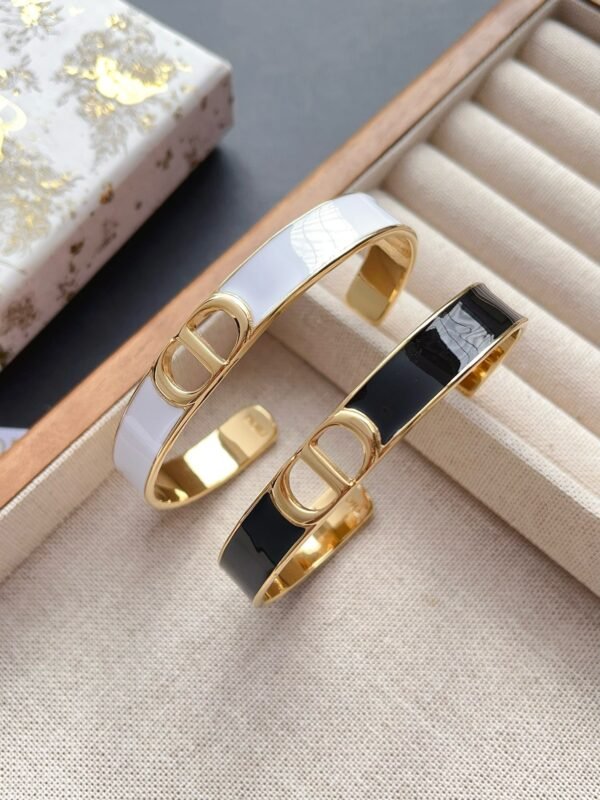 C D Gold Finish Metal Black White Lacquer Bangle - Image 9
