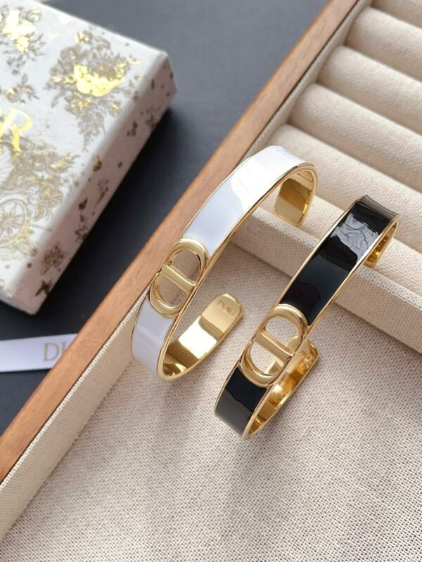 C D Gold Finish Metal Black White Lacquer Bangle - Image 10
