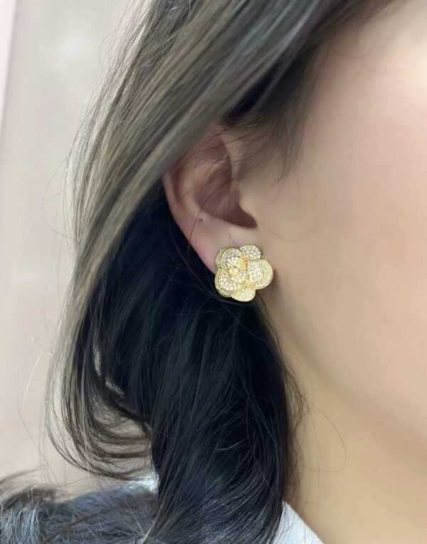 Rhinestone Crystals Gold Silver Camellia Earring - Image 11